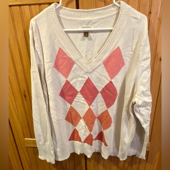 Sonoma Sweaters - Sonoma V-Neck Sweater with Pink and Orange Argyle